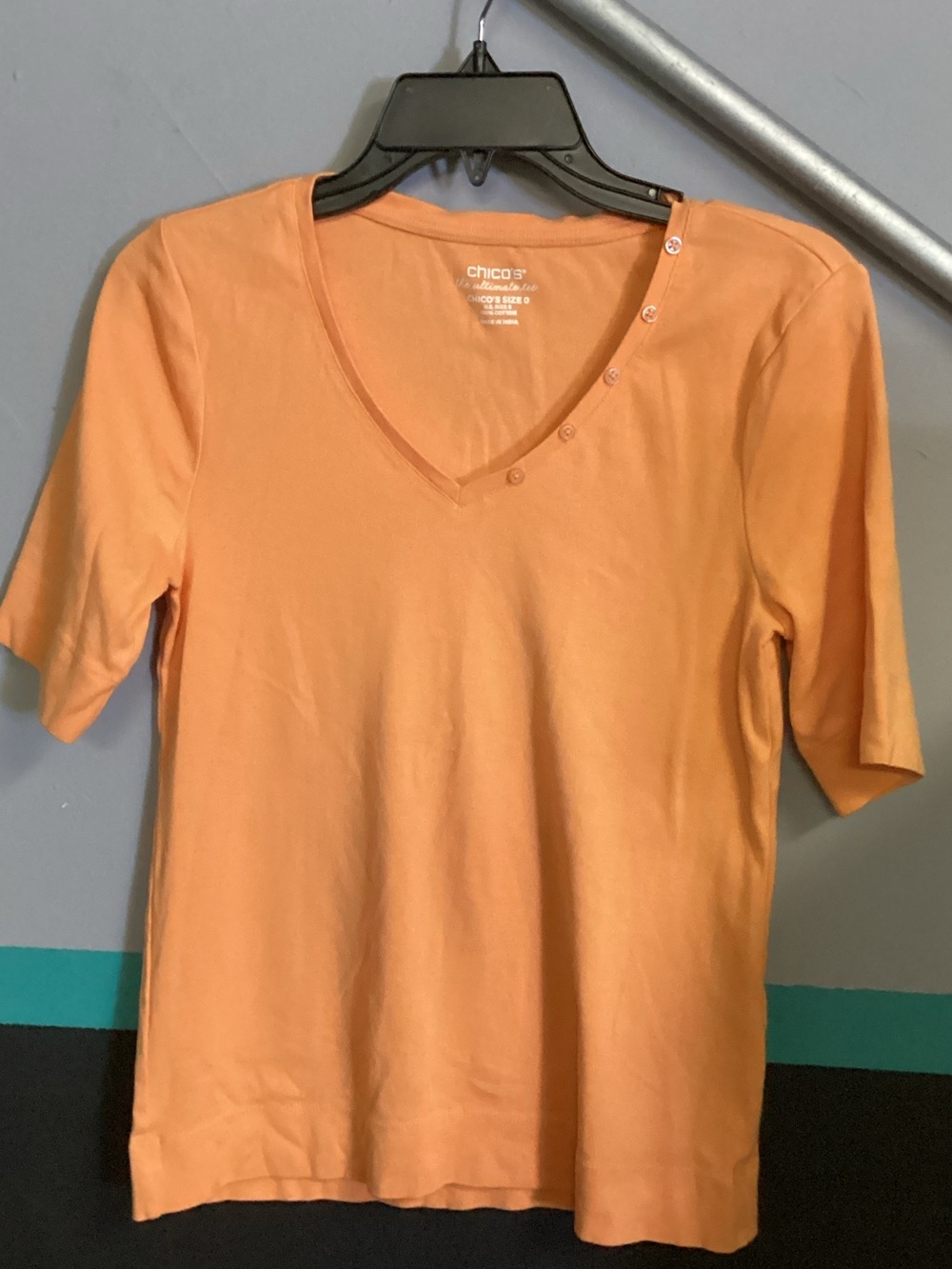 Chico's Orange Short-Sleeve V-Neck Top with Shoulder Buttons